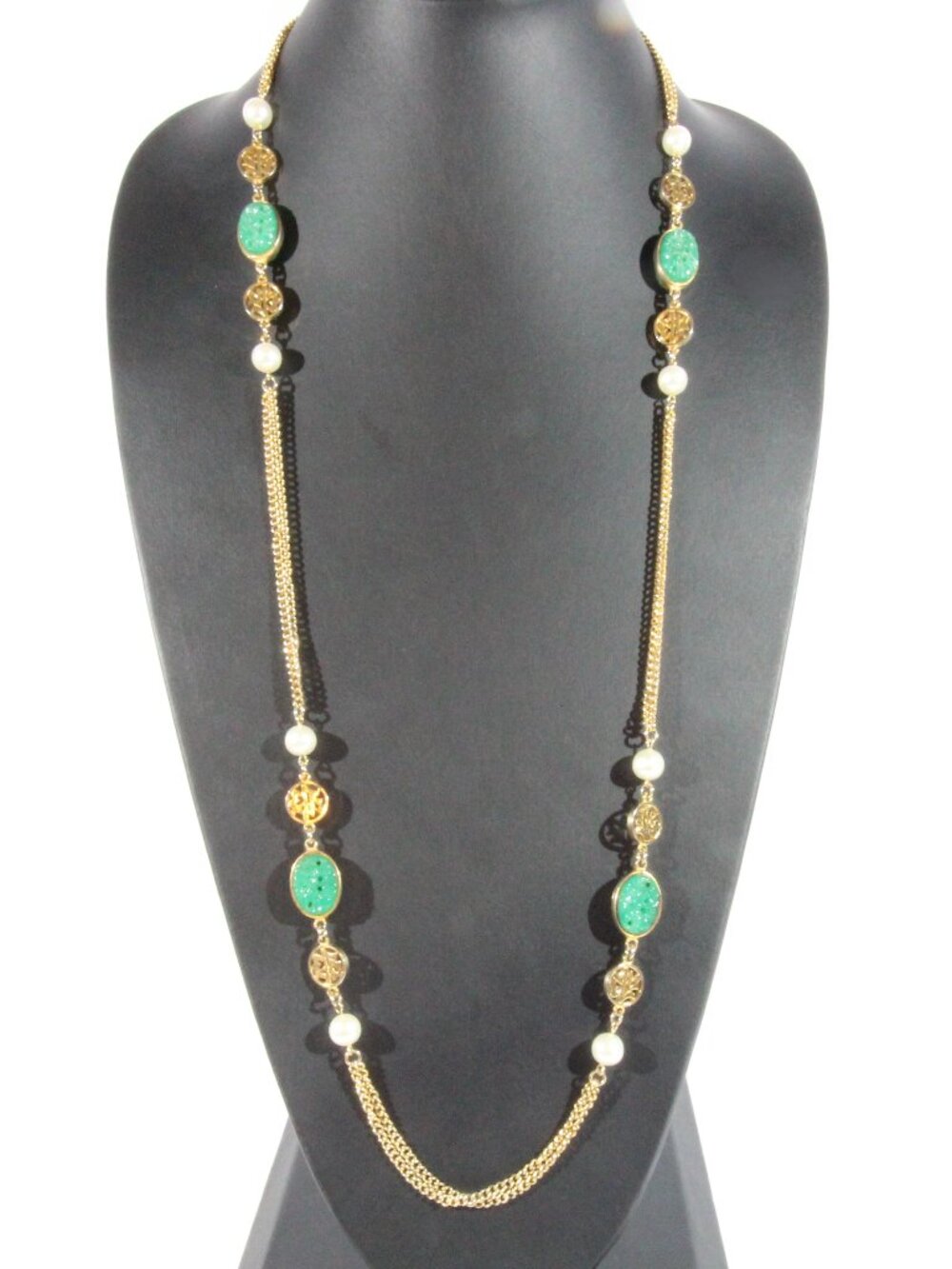 Vintage Direction One Gold Tone Necklace with Faux Jade and Pearls